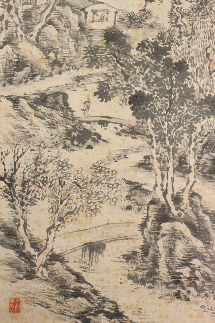 No5640 掛軸　津本柳塘　山水図　紙本　合箱　日本画　古画　古美術　送料無料
