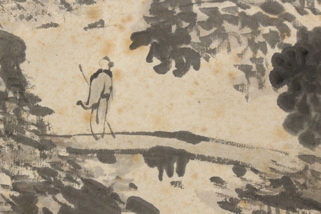 No5640 掛軸　津本柳塘　山水図　紙本　合箱　日本画　古画　古美術　送料無料