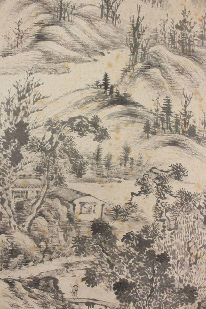 No5640 掛軸　津本柳塘　山水図　紙本　合箱　日本画　古画　古美術　送料無料