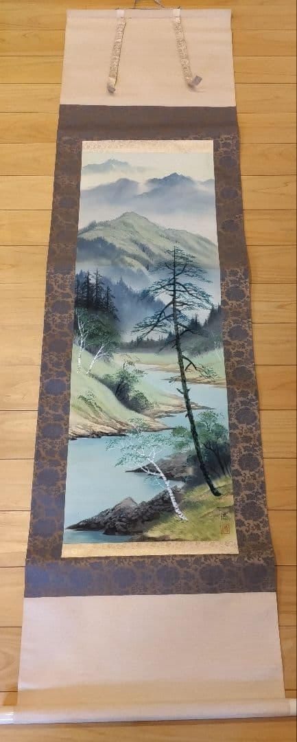 山水画 掛軸 在銘「満」彩色山水 風景画 床の間 日本画