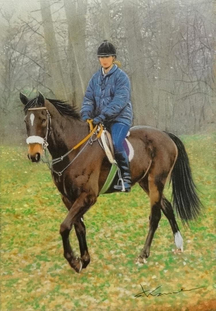 上鈴木正一 油彩画 B4『 朝の調教 2 』新作原画 超オススメの作品です!!