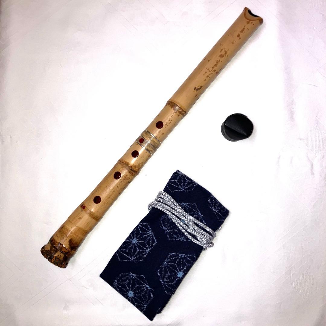 尺八1尺六寸管　本体 竹製 7孔　歌口キャップ、袋付き