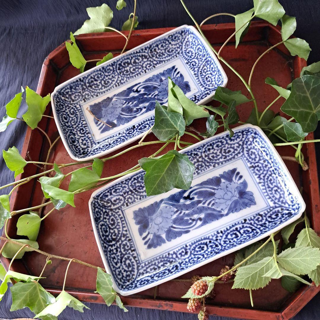 「人気長皿の王道=定番 蛸唐草にボタン！」古伊万里 角皿3客セット 骨董アンティ