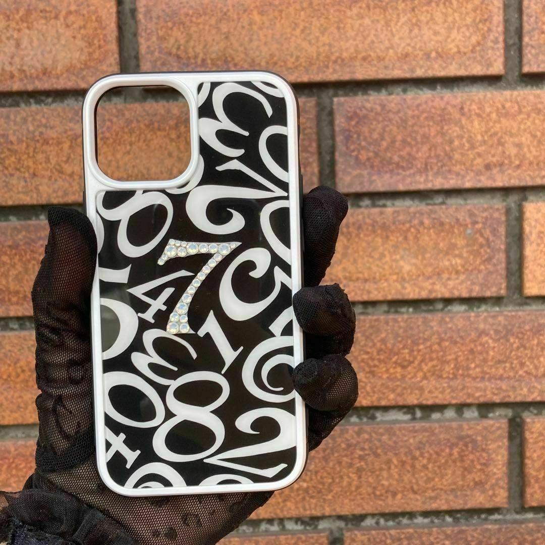 スワロフスキー使用　iPhone強化ガラスケース　数字　メンズ　モード　ブラック