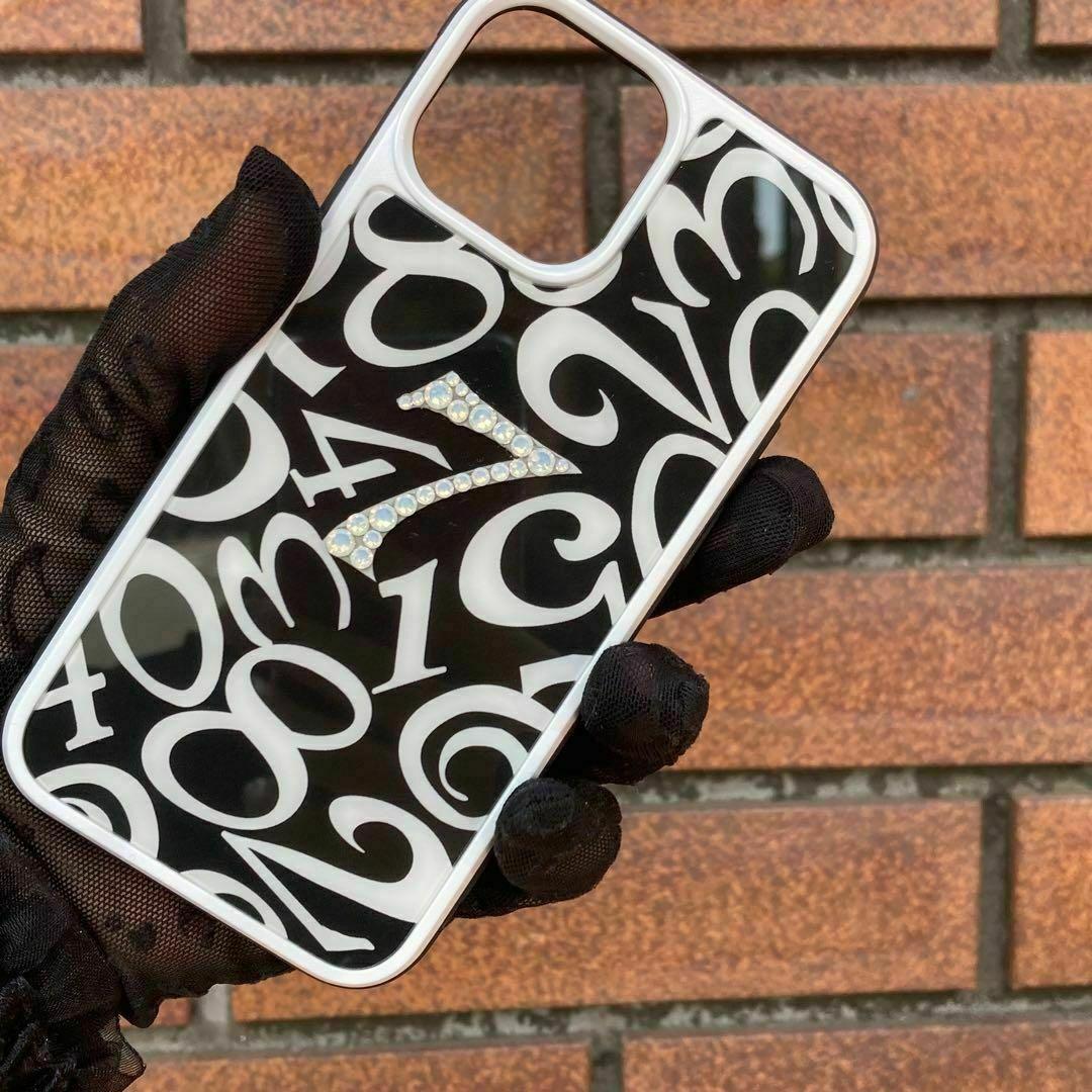 スワロフスキー使用　iPhone強化ガラスケース　数字　メンズ　モード　ブラック