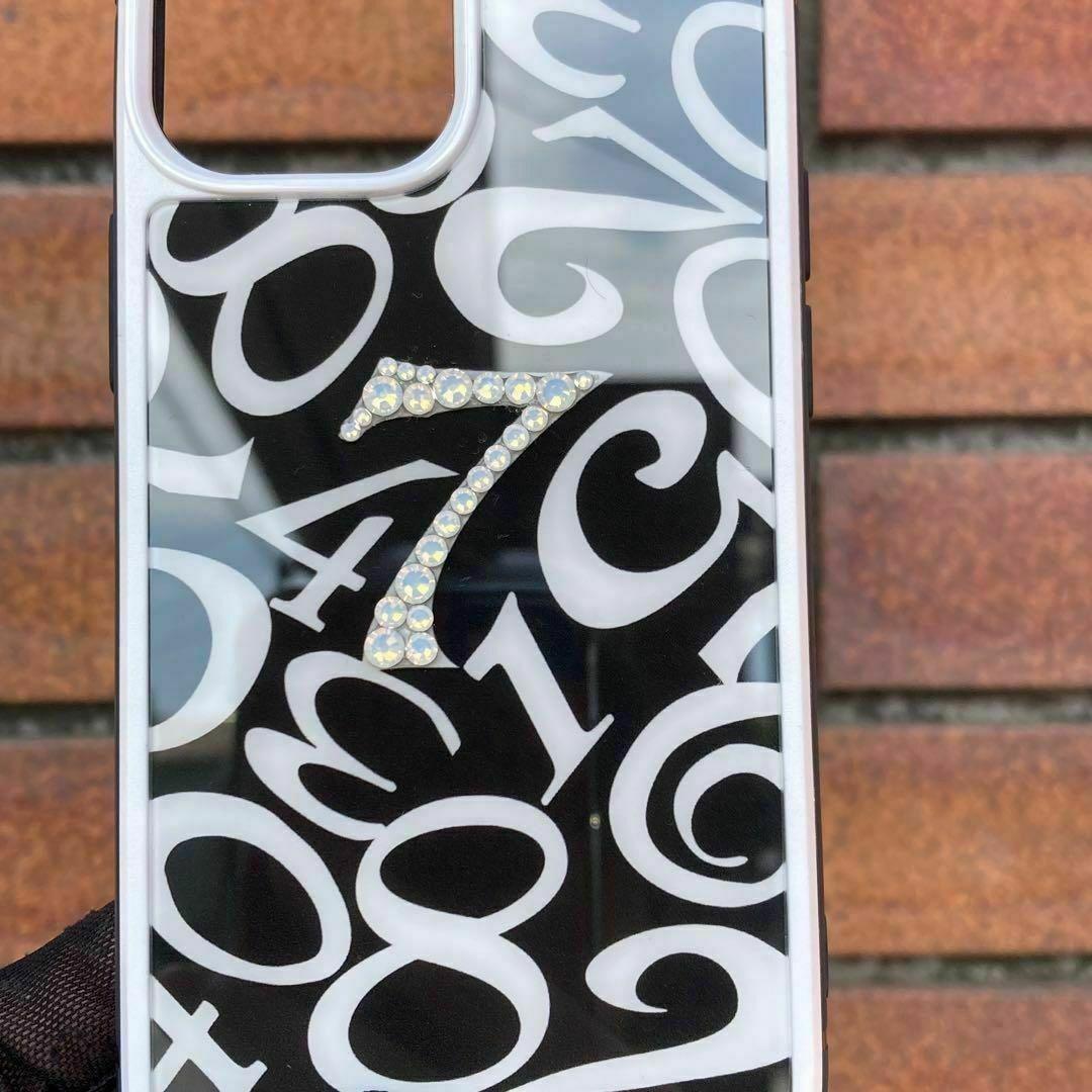 スワロフスキー使用　iPhone強化ガラスケース　数字　メンズ　モード　ブラック