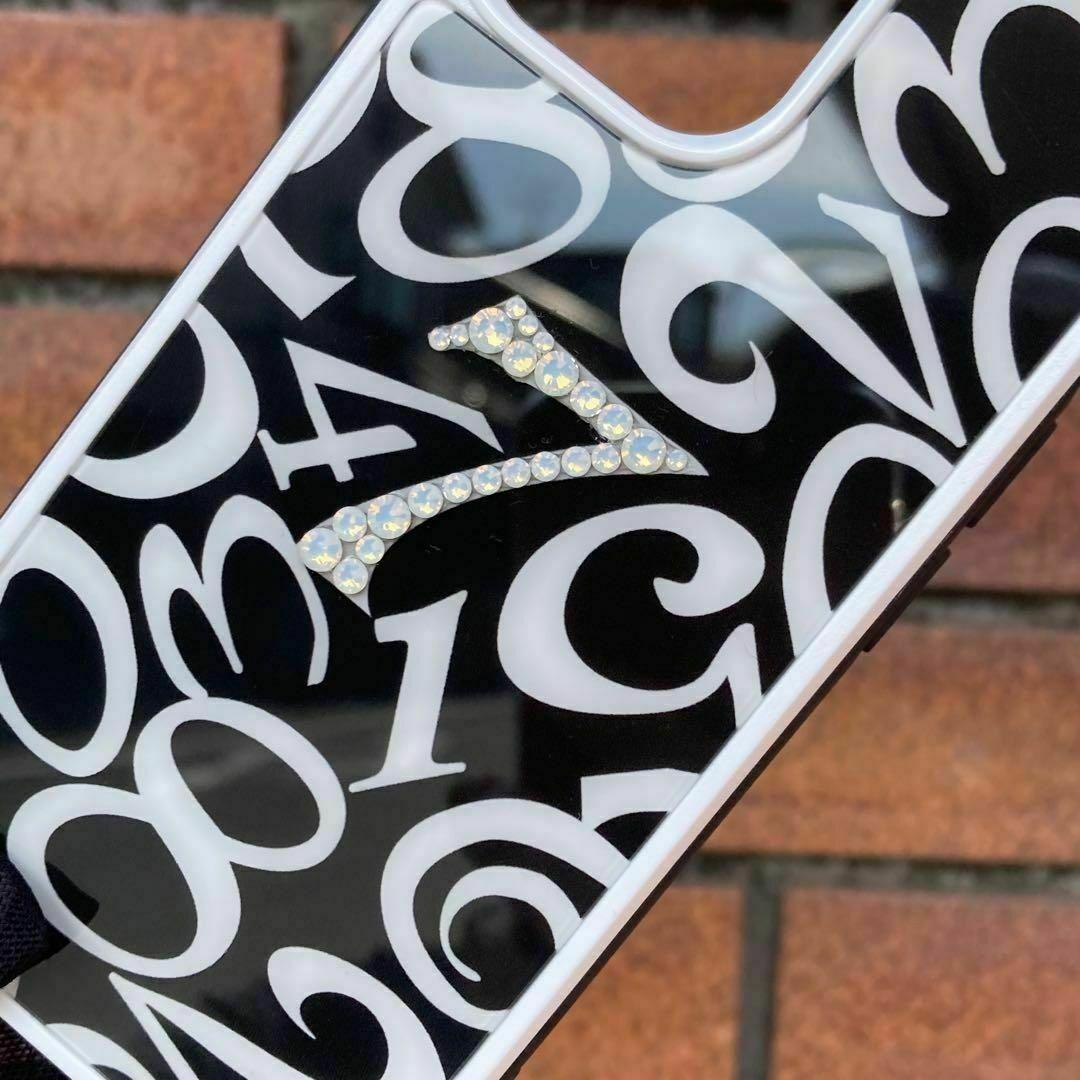 スワロフスキー使用　iPhone強化ガラスケース　数字　メンズ　モード　ブラック