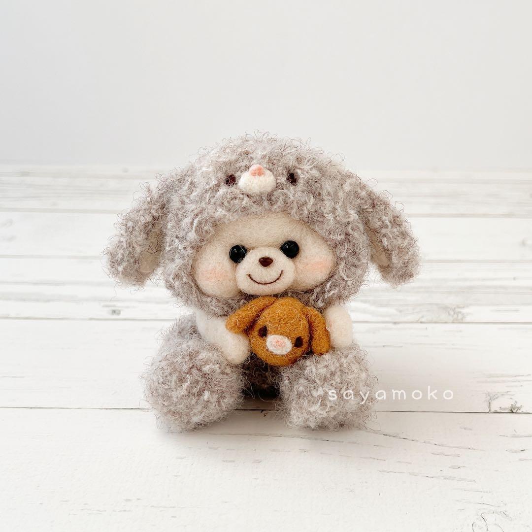 もこもこロップイヤーくまちゃん（グレー）　羊毛フェルト
