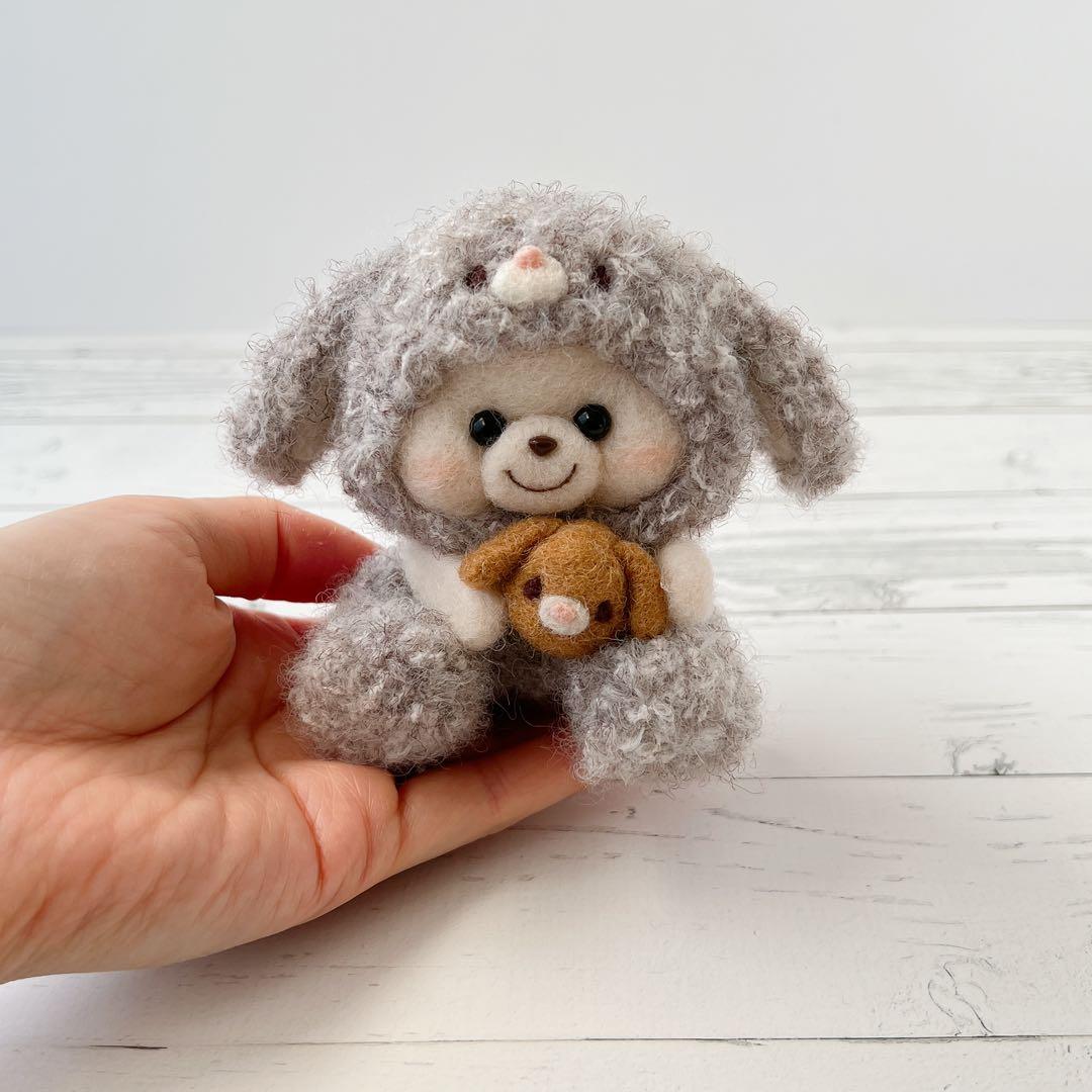 もこもこロップイヤーくまちゃん（グレー）　羊毛フェルト