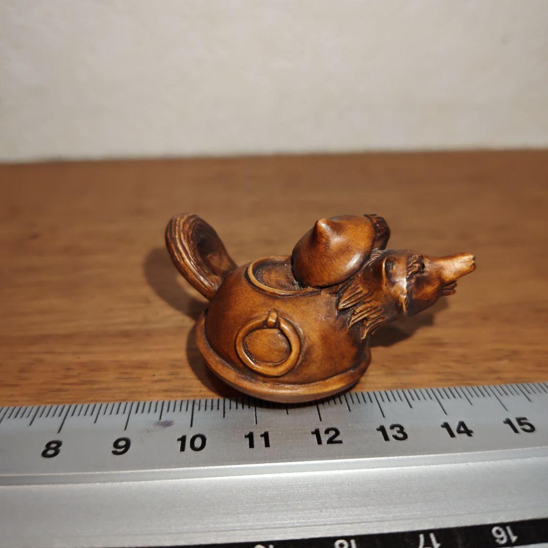時代提物 木彫根付 【分福茶釜】横幅約5.2cm 重さ12 g◇縁起物◇可愛い☆