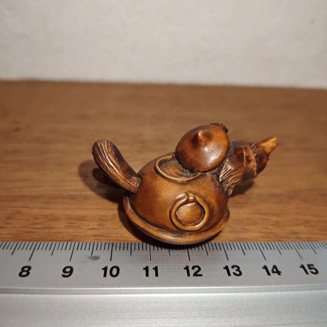 時代提物 木彫根付 【分福茶釜】横幅約5.2cm 重さ12 g◇縁起物◇可愛い☆