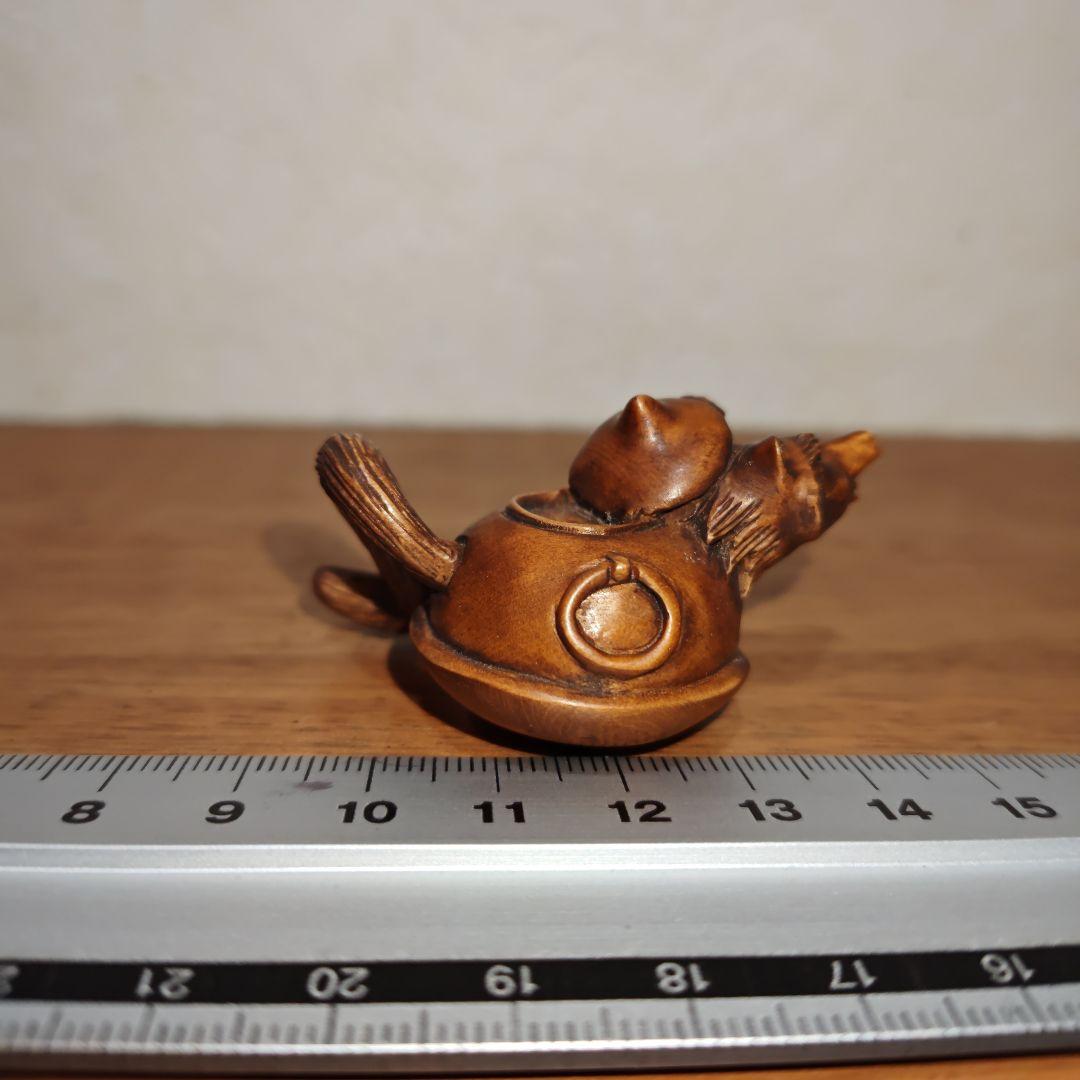 時代提物 木彫根付 【分福茶釜】横幅約5.2cm 重さ12 g◇縁起物◇可愛い☆