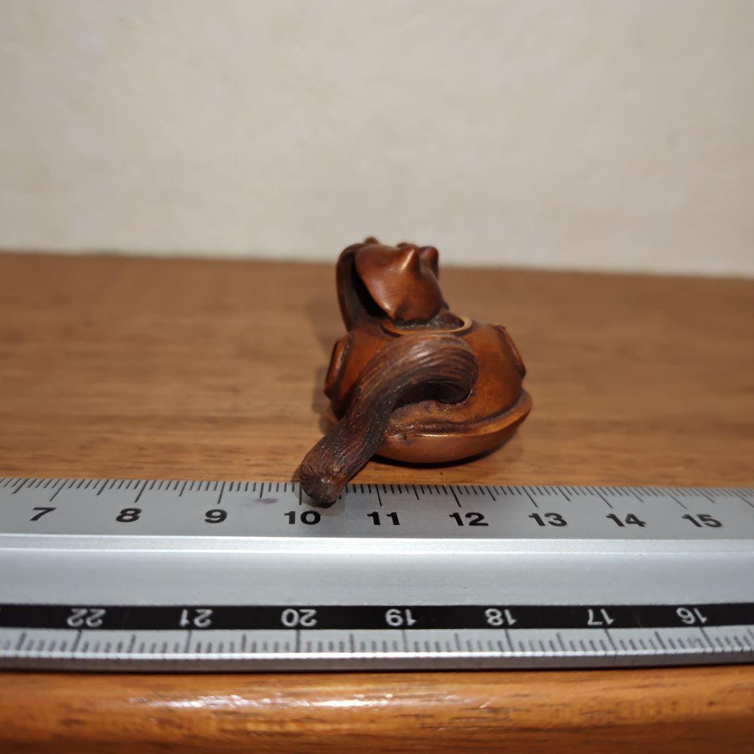 時代提物 木彫根付 【分福茶釜】横幅約5.2cm 重さ12 g◇縁起物◇可愛い☆