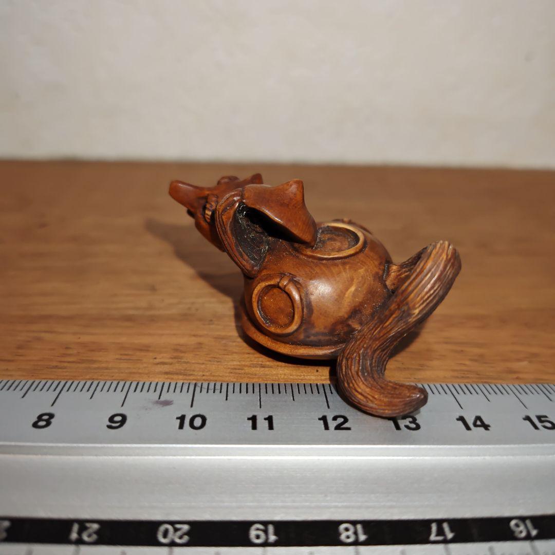 時代提物 木彫根付 【分福茶釜】横幅約5.2cm 重さ12 g◇縁起物◇可愛い☆