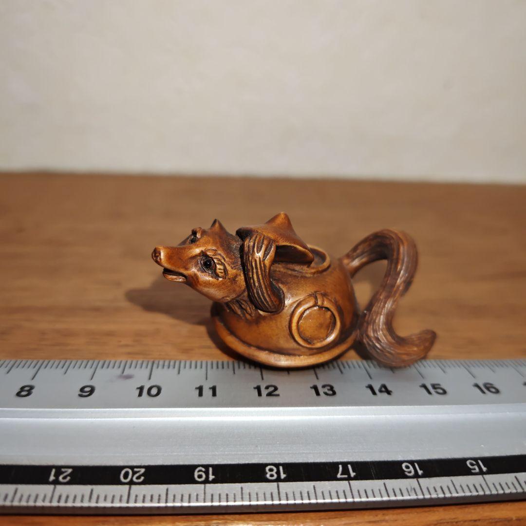 時代提物 木彫根付 【分福茶釜】横幅約5.2cm 重さ12 g◇縁起物◇可愛い☆