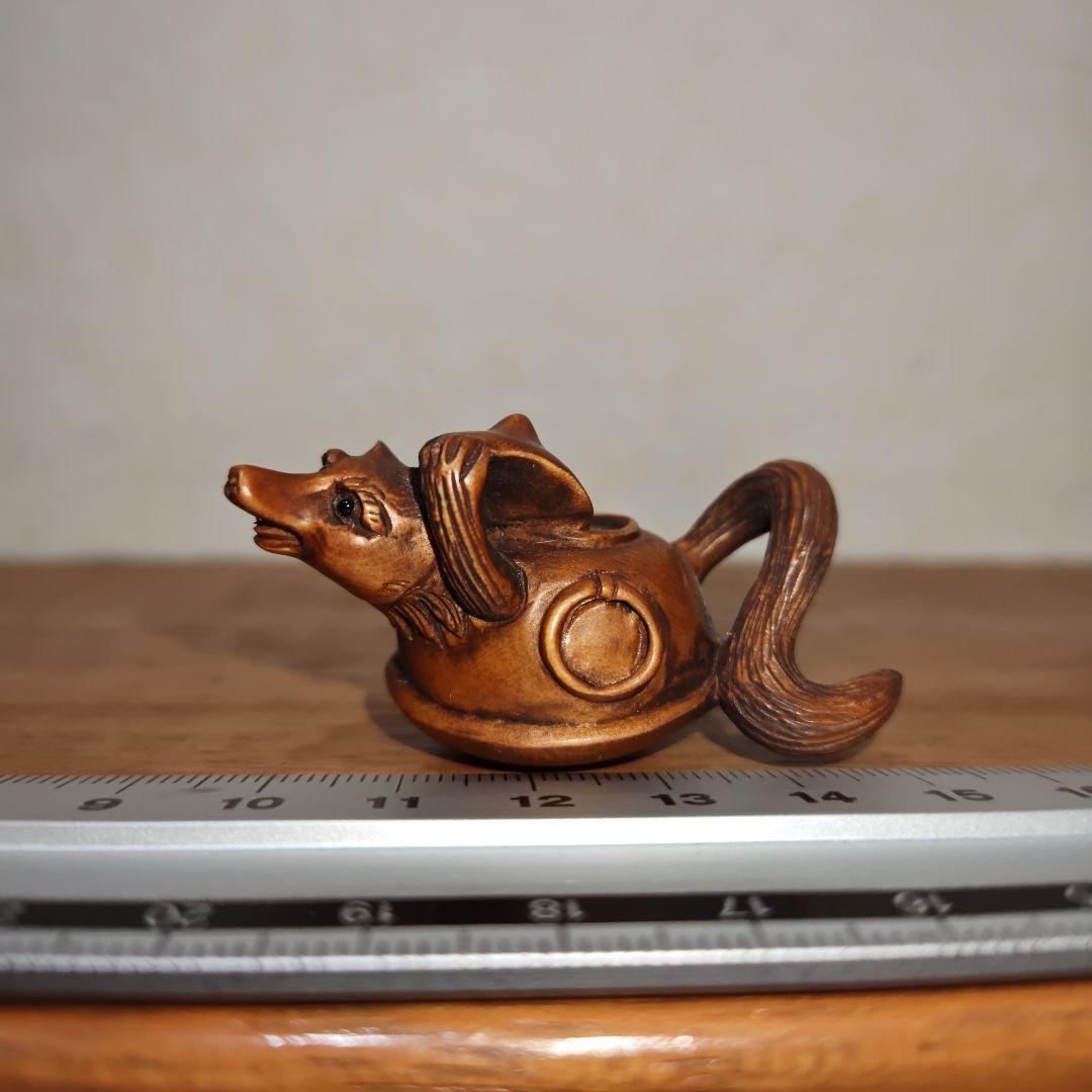 時代提物 木彫根付 【分福茶釜】横幅約5.2cm 重さ12 g◇縁起物◇可愛い☆