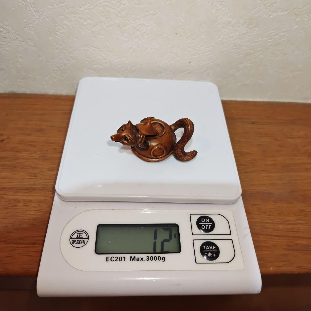 時代提物 木彫根付 【分福茶釜】横幅約5.2cm 重さ12 g◇縁起物◇可愛い☆