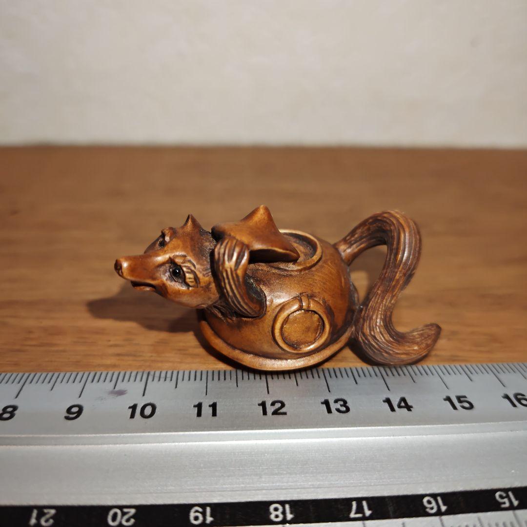 時代提物 木彫根付 【分福茶釜】横幅約5.2cm 重さ12 g◇縁起物◇可愛い☆