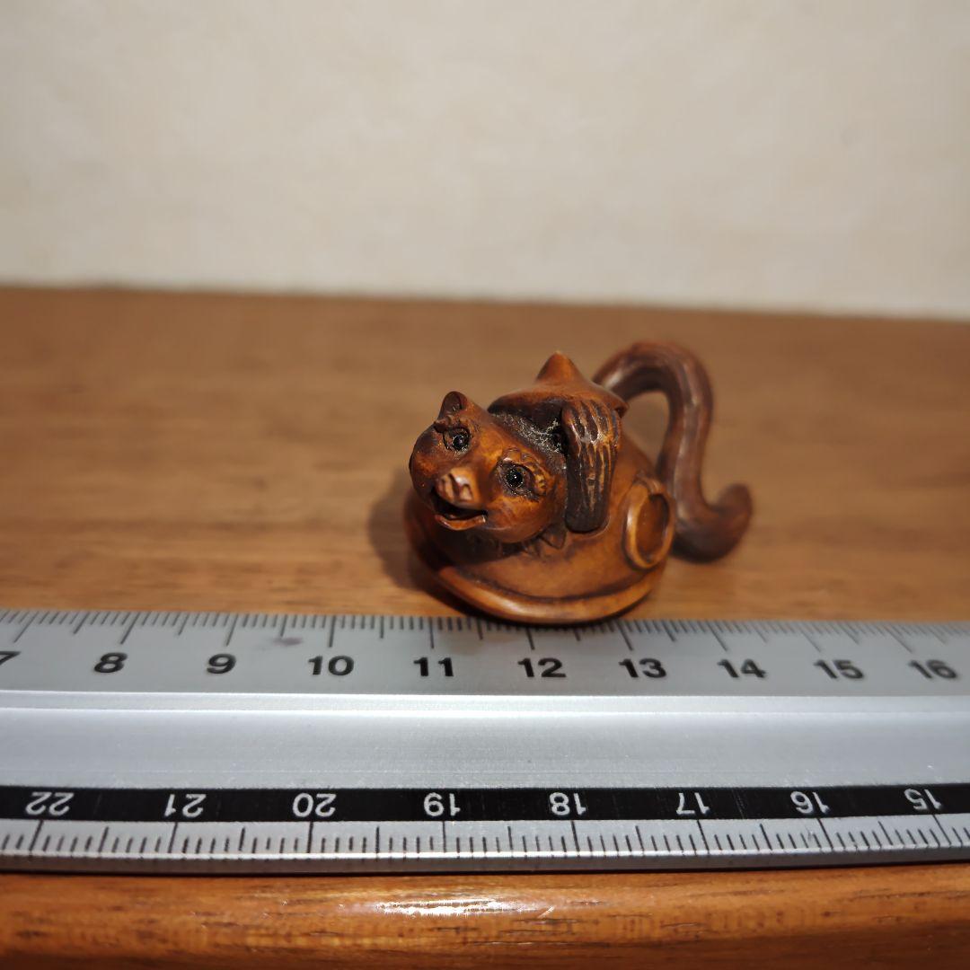 時代提物 木彫根付 【分福茶釜】横幅約5.2cm 重さ12 g◇縁起物◇可愛い☆