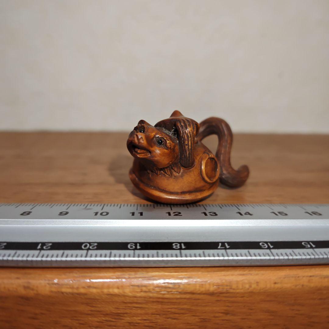 時代提物 木彫根付 【分福茶釜】横幅約5.2cm 重さ12 g◇縁起物◇可愛い☆