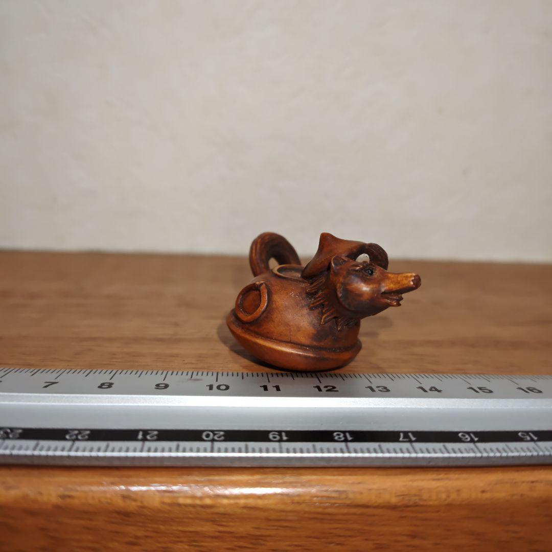 時代提物 木彫根付 【分福茶釜】横幅約5.2cm 重さ12 g◇縁起物◇可愛い☆