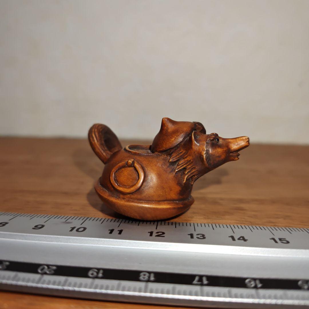 時代提物 木彫根付 【分福茶釜】横幅約5.2cm 重さ12 g◇縁起物◇可愛い☆