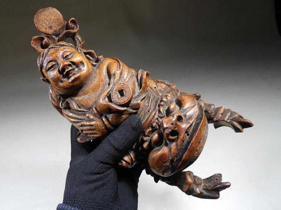 ●蝦蟇仙人 劉海仙人 三脚蟾蜍 金蟾 唐物竹根 古竹根彫 竹根彫刻 中国古玩