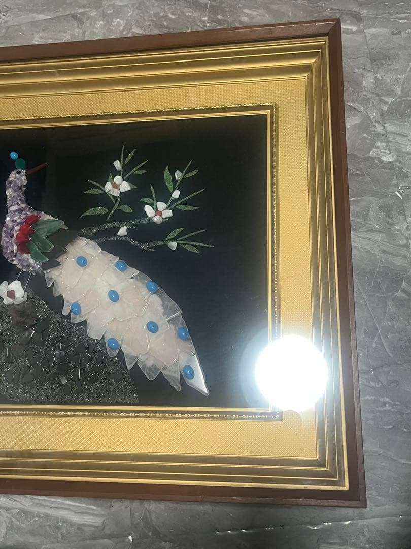 天然石絵画・貴石絵画・アンテーク美術工芸品／孔雀（クジャク］　昭和レトロ