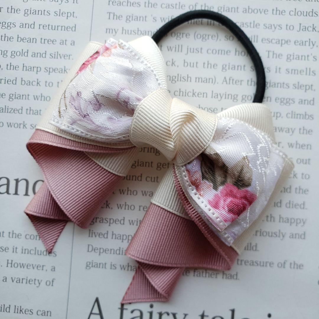 リボン　ヘアゴム♡カノンリボン～long～♡アンティークローズ♡ハンドメイド