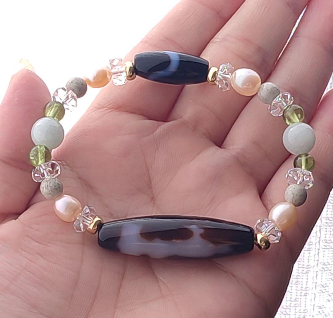 ◇至純 観音如意天珠と白蛇天珠・北投石・翡翠・ペリドットのパワーストーン ブレス