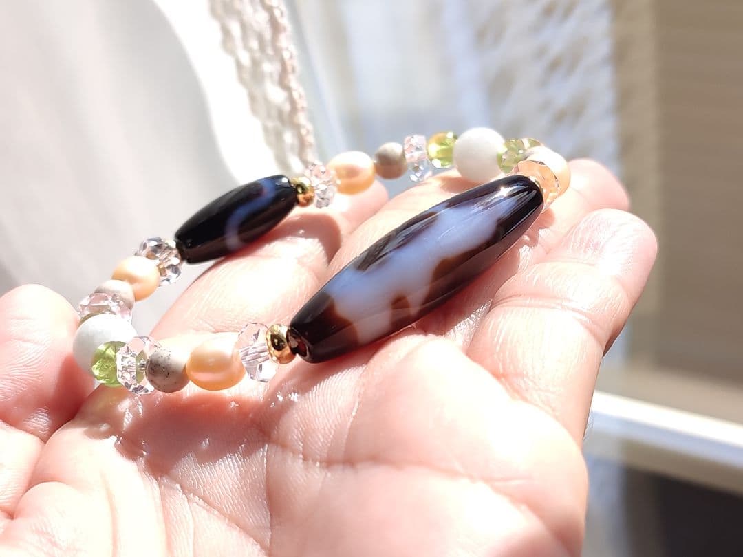 ◇至純 観音如意天珠と白蛇天珠・北投石・翡翠・ペリドットのパワーストーン ブレス