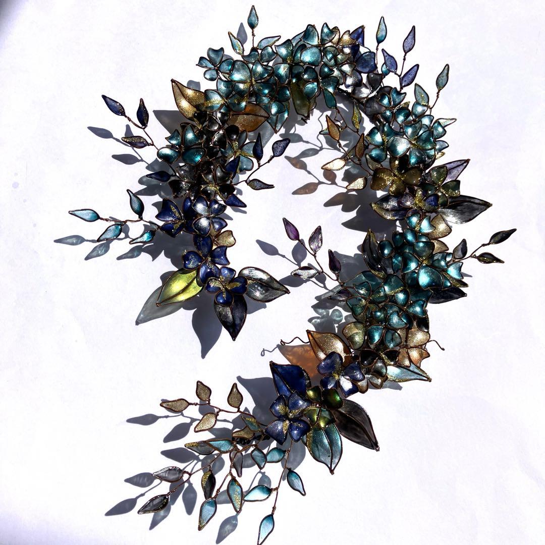 一点物　青銅色　大きなボタニカルリース　ディップアート　ワイヤークラフト　壁飾り