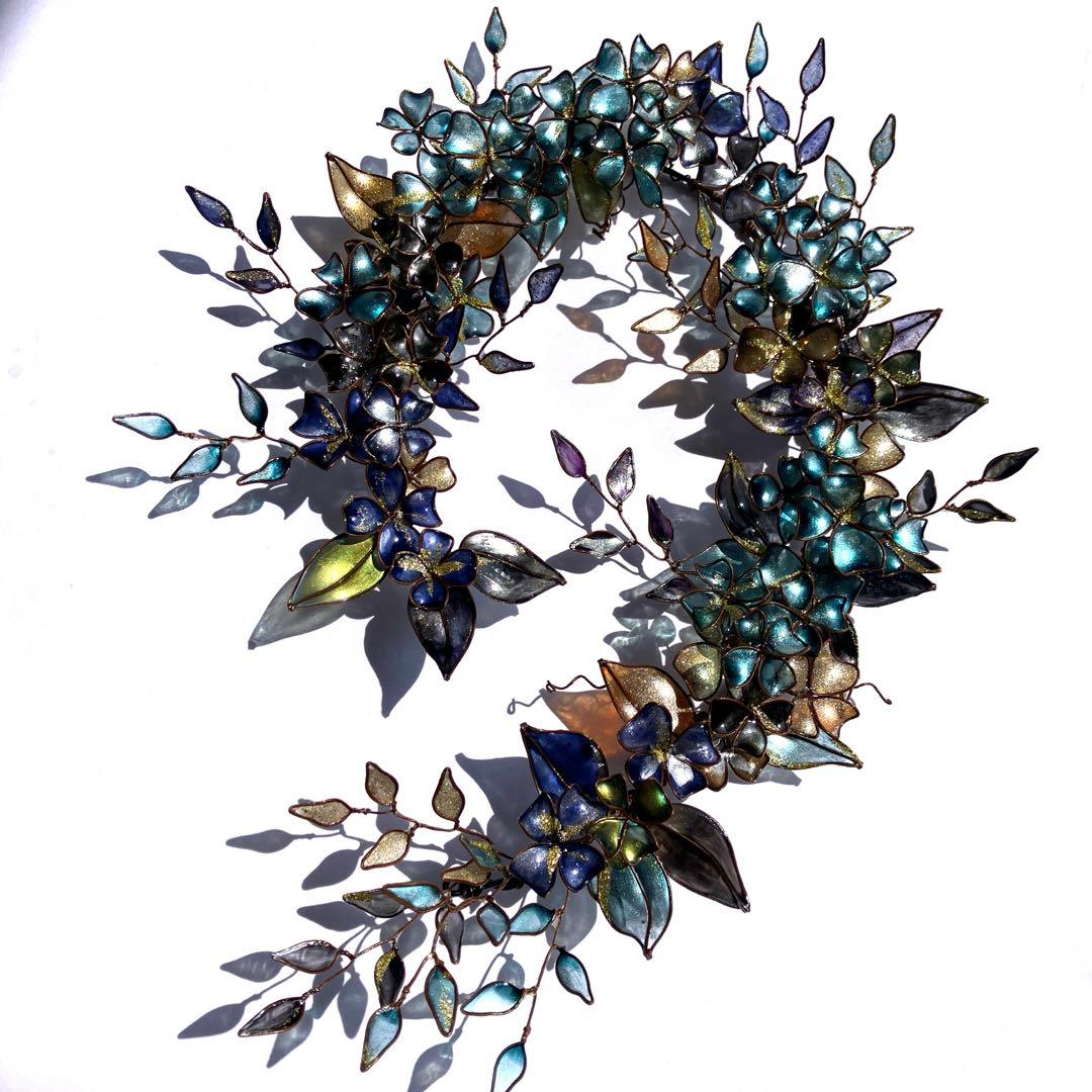 一点物　青銅色　大きなボタニカルリース　ディップアート　ワイヤークラフト　壁飾り