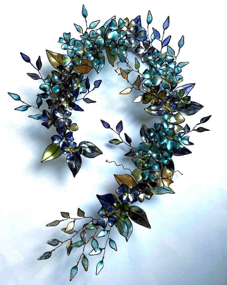 一点物　青銅色　大きなボタニカルリース　ディップアート　ワイヤークラフト　壁飾り