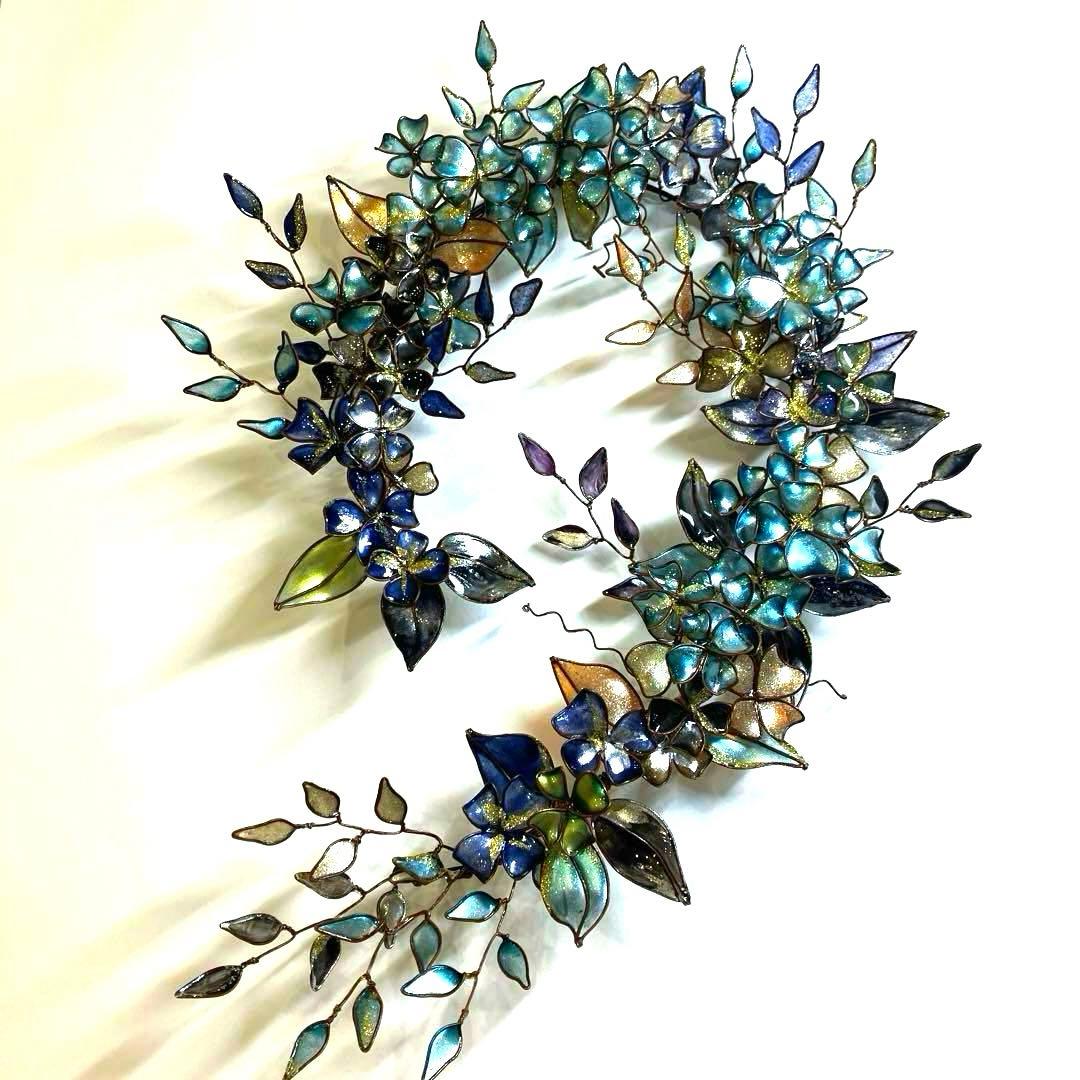 一点物　青銅色　大きなボタニカルリース　ディップアート　ワイヤークラフト　壁飾り