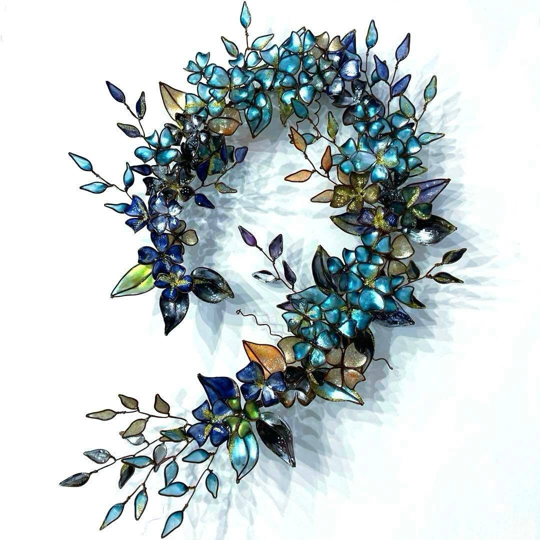 一点物　青銅色　大きなボタニカルリース　ディップアート　ワイヤークラフト　壁飾り