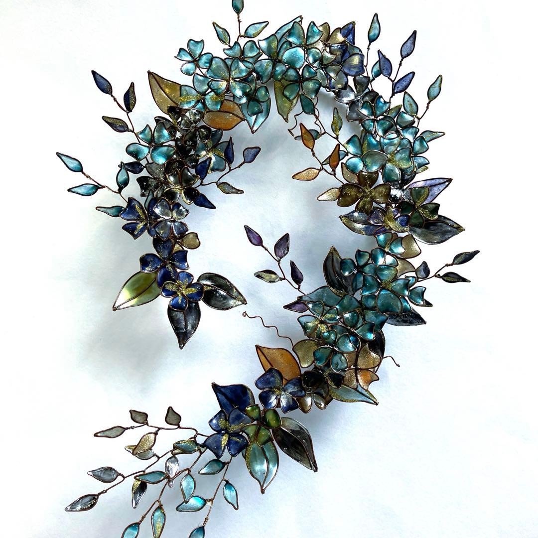 一点物　青銅色　大きなボタニカルリース　ディップアート　ワイヤークラフト　壁飾り