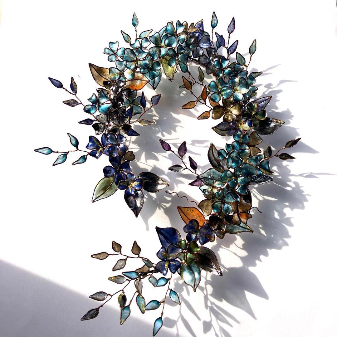 一点物　青銅色　大きなボタニカルリース　ディップアート　ワイヤークラフト　壁飾り