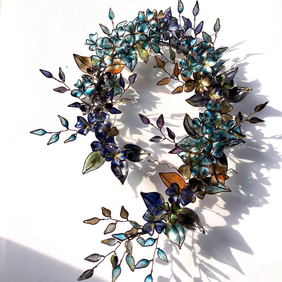 一点物　青銅色　大きなボタニカルリース　ディップアート　ワイヤークラフト　壁飾り