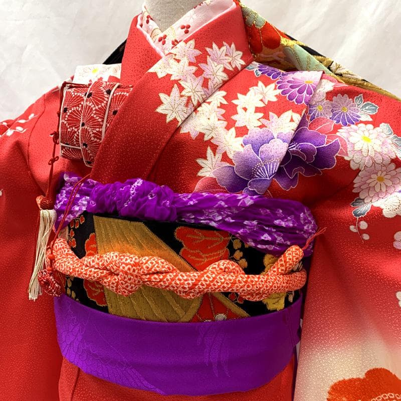 511ag79□七五三 七歳 女児 着物&袋帯 金彩 絞染め 花船 苺色□美品