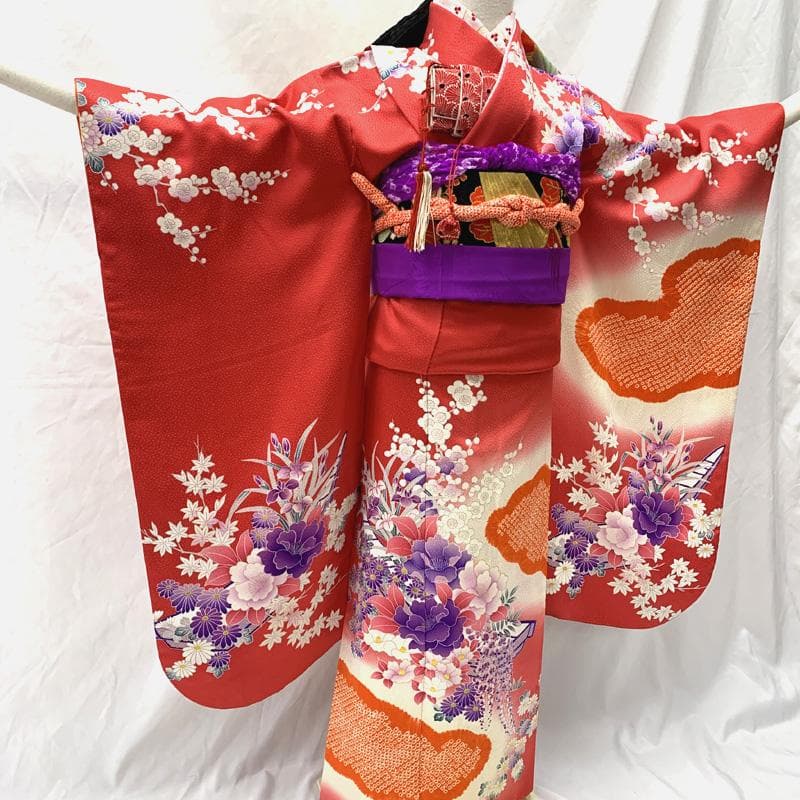 511ag79□七五三 七歳 女児 着物&袋帯 金彩 絞染め 花船 苺色□美品