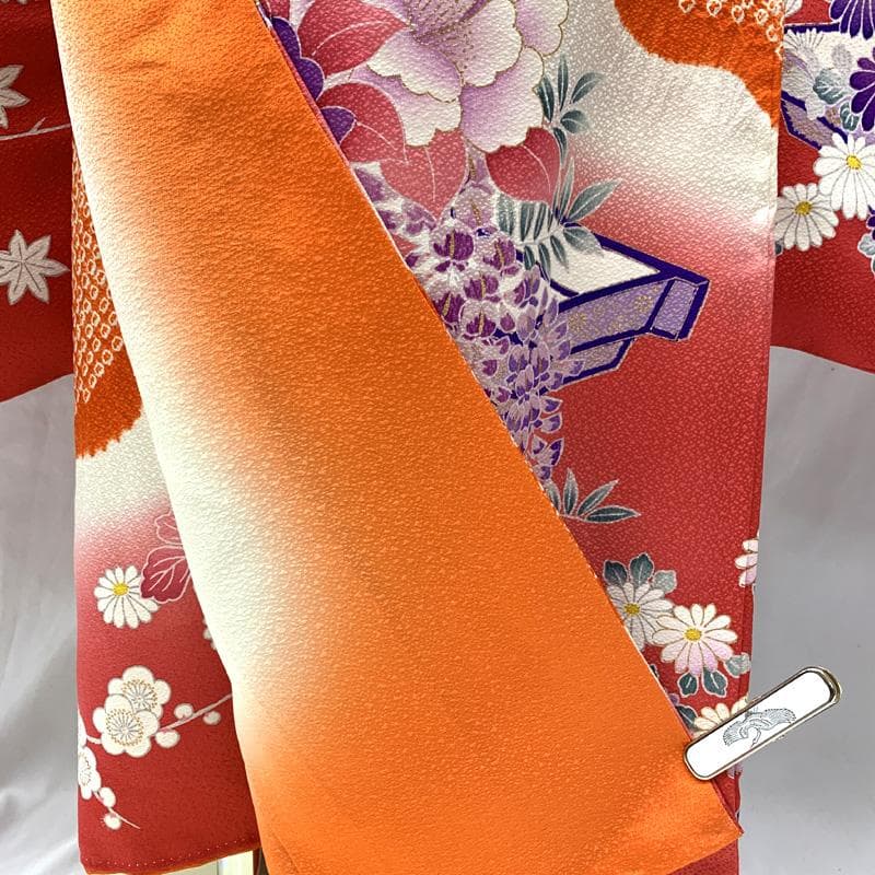 511ag79□七五三 七歳 女児 着物&袋帯 金彩 絞染め 花船 苺色□美品