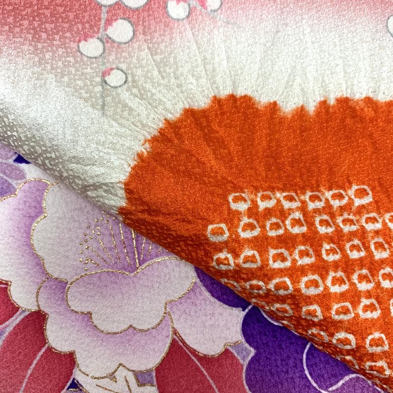 511ag79□七五三 七歳 女児 着物&袋帯 金彩 絞染め 花船 苺色□美品