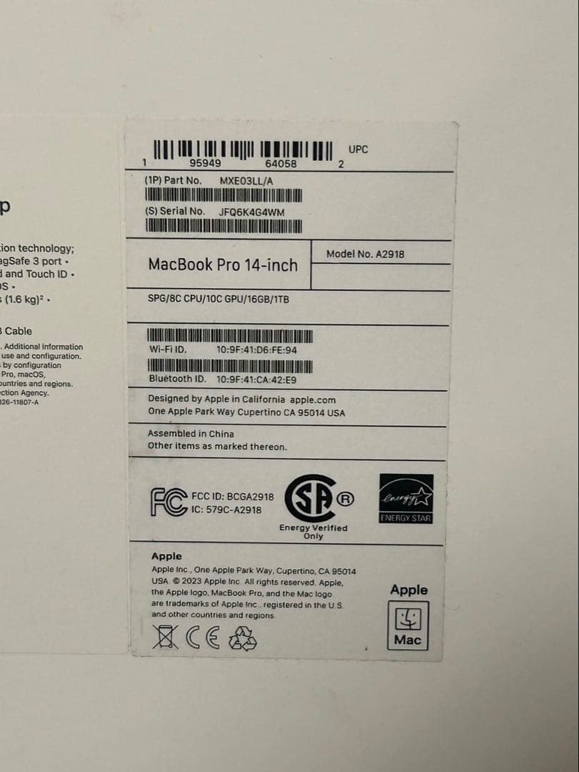 MacBook Pro 14インチ　1TB