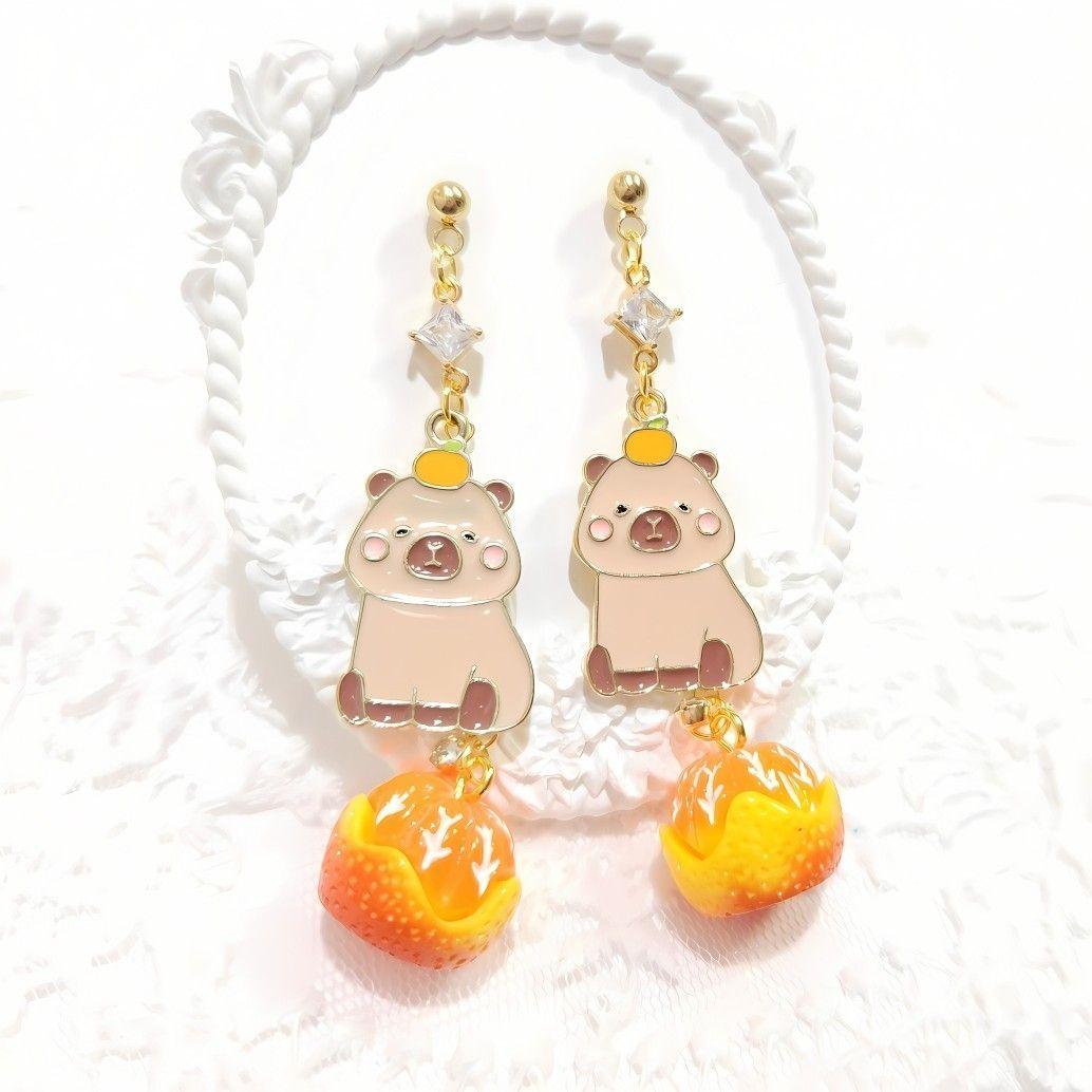 愛らしい♡みかん大好きカピバラちゃんとゆらゆら みかんのピアス♡