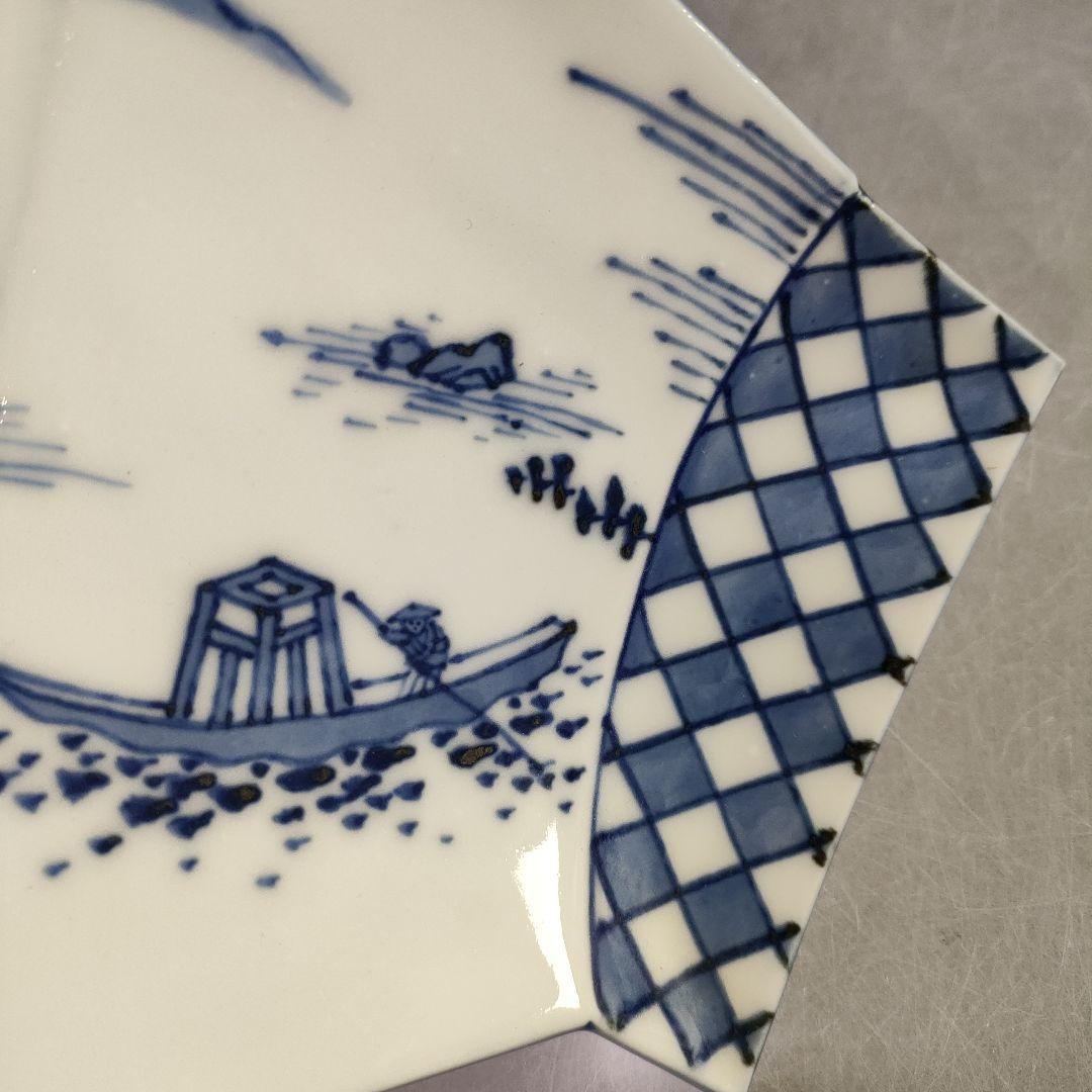 A1225-3/宮永東山 造/結文形青花遊舟図刺身皿5客/共箱/銘々皿/懐石道具