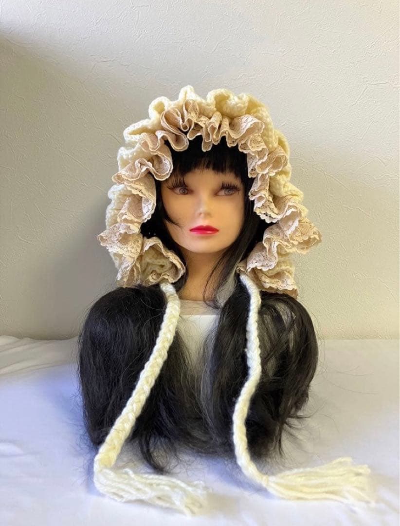 ボンネット帽子　ネコ耳ニット帽　フリル　森ガール　y2k サブカル　原宿系☺︎