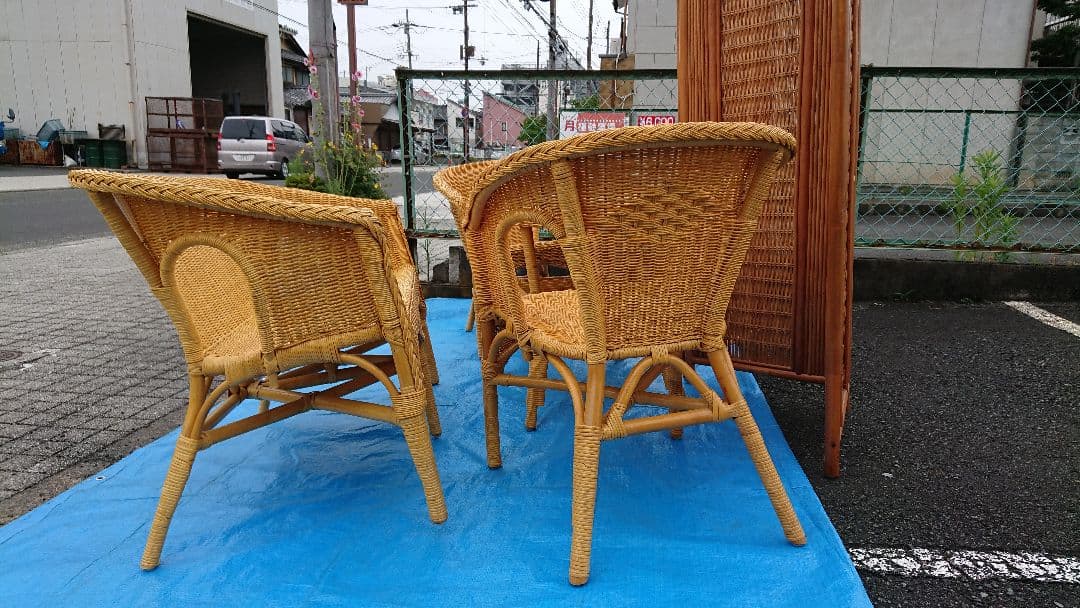 高級 籐のテーブル、イス、ついたて5点セット