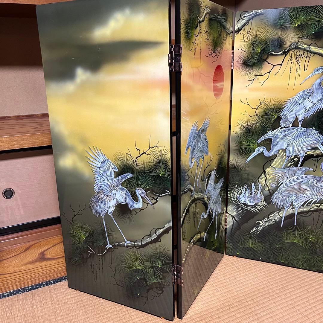 豪華絢爛　螺鈿細工　４連衝立　四曲一隻　屏風　鶴　滝