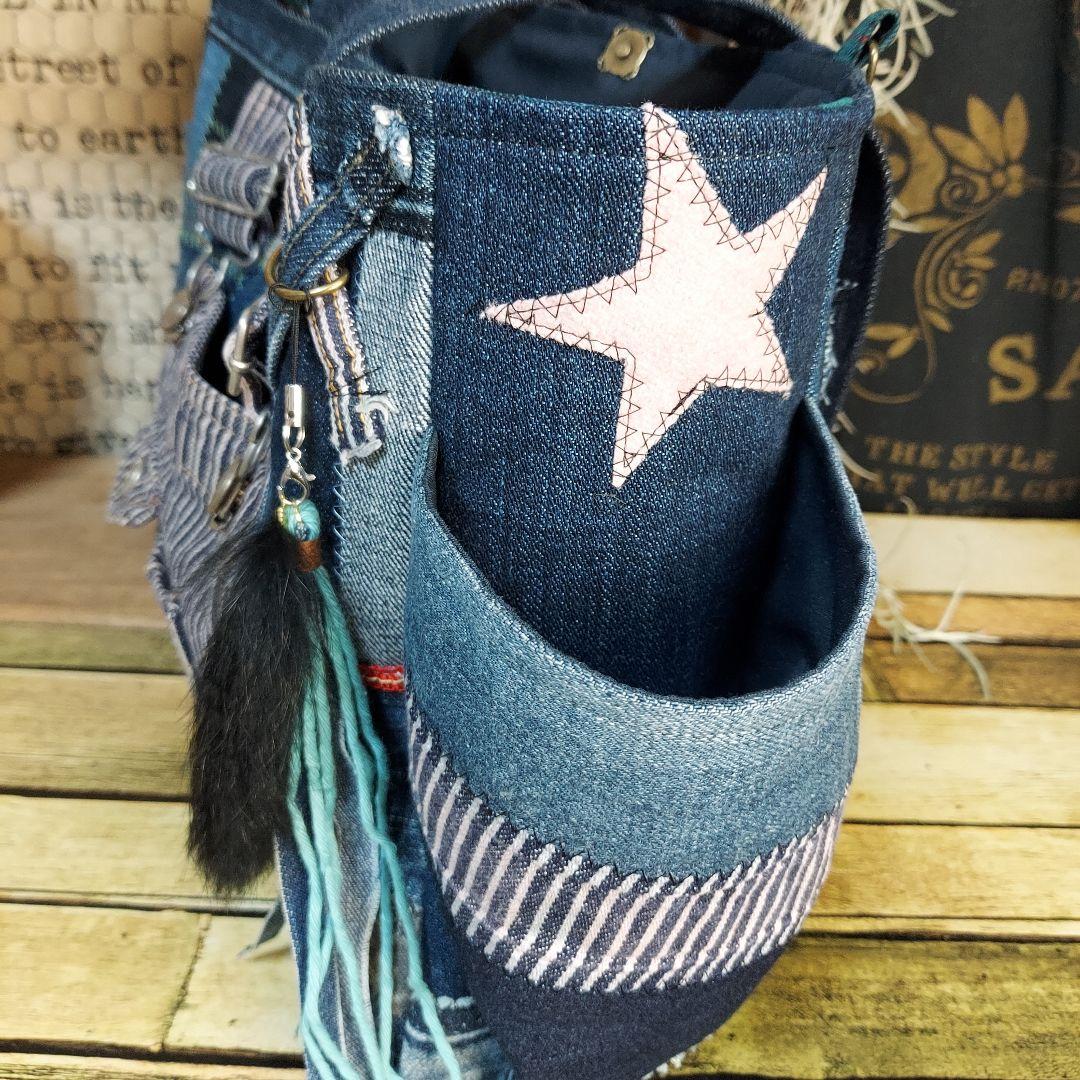 デニムバック　No.606　デニムリメイク　サイドポケット　デニムパッチワーク
